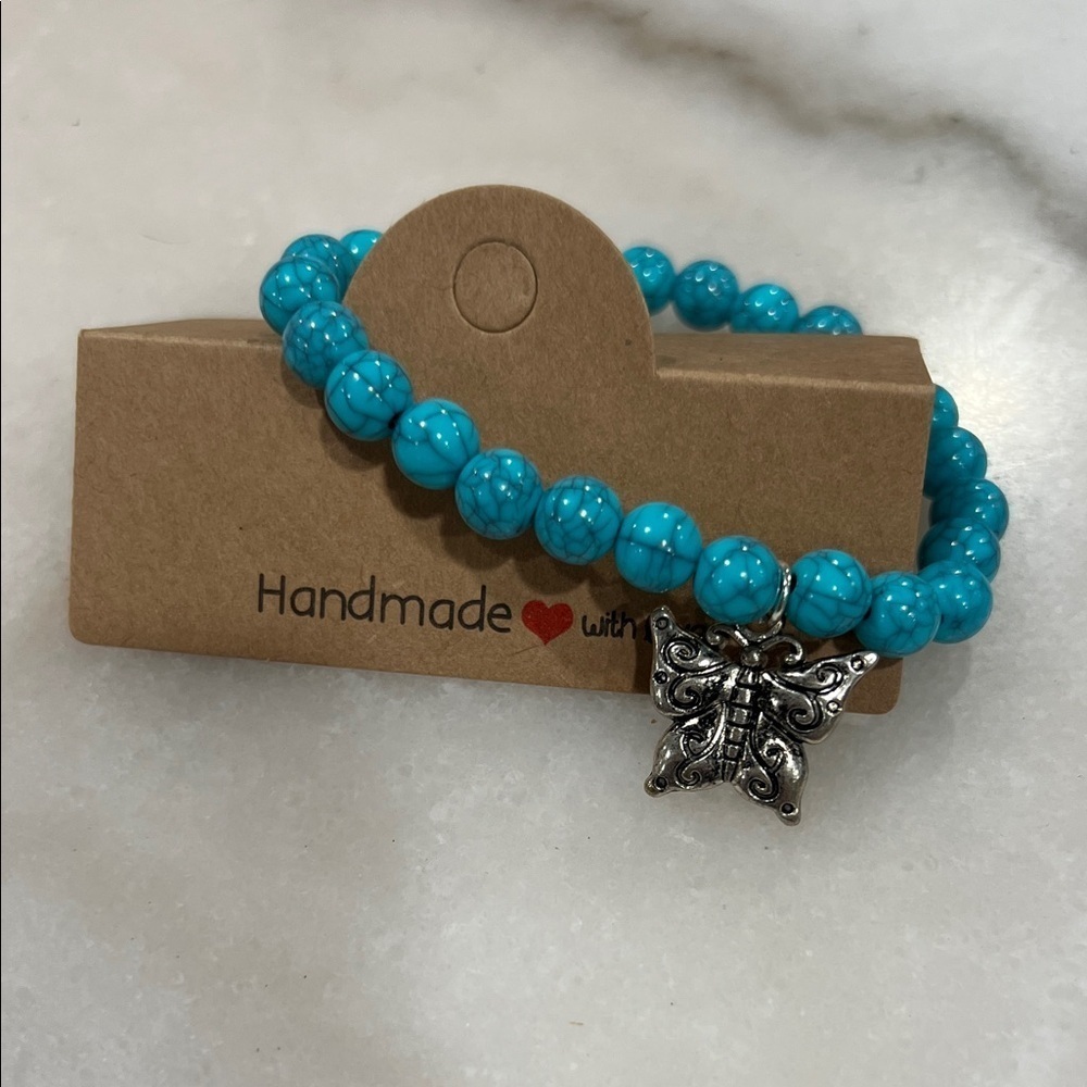 Turquoise Resin Beaded Bracelet with Butterfly Charm